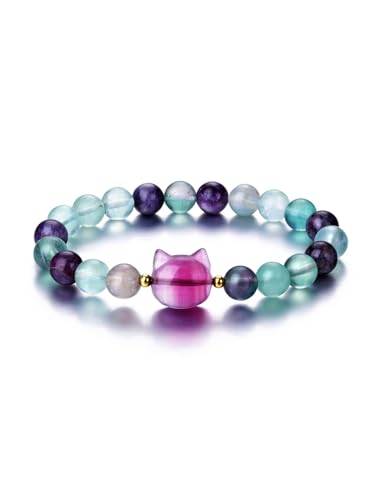 Jovivi Crystal Cat Bracelet for Women Men,8mm Natural Stone Beaded Bracelet Protection Healing Crystals Gemstones Stretch Bracelet Cat Jewelry Gifts for Good Luck,Money Attraction