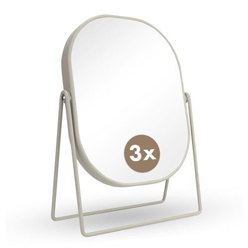 Jean & Len Specchio cosmetico in ferro robusto e resistente ai graffi, finitura opaca ed elegante in beige, retro con ingrandimento 3x, specchio ovale piccolo 20 x 27 cm