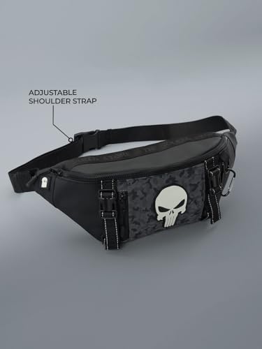 Image of The Souled Store Marvel Punisher Utility Gear Fanny Pack Crossbody Sling Bag 4L Spacious Durable PU with Adjustable Strap Travel Daily Use Waist Bag for Men and Women