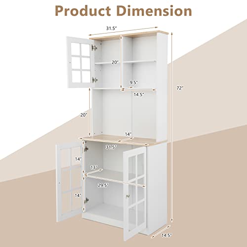 Loko 72" Kitchen Hutch Storage Cabinet, Freestanding Pantry Buffet Cabinet With Glass Doors, Open & Closed Storage, 3-Position Adjustable Shelves, Tall Cupboard Storage Cabinet (White) #TOP2