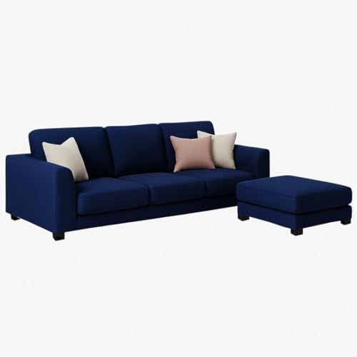 Image of FURNY Revona 4 Seater L Shape Sofa Set with Movable Ottoman | Flexible Left or Right Layout | Plush Velvet Fabric (Dark Blue) | Perfect for Living Room, Guest Room & Office