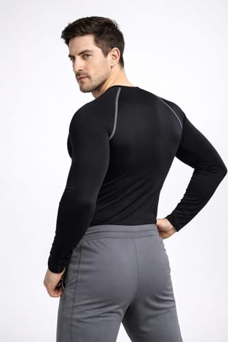 Image of Men's Long Sleeve Compression T-Shirt, Black, Polyester, Moisture Wicking, Crew Neck, Athletic Fit