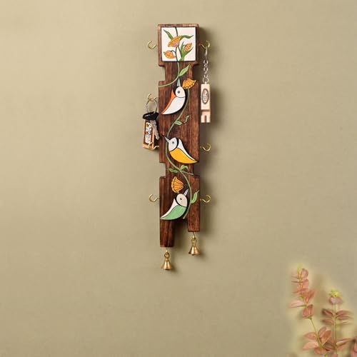Image of AAKRITI ART CREATIONS Key Holder, Avian Elegance Key Holder | Rustic Wooden Wall Organizer with 8 Hooks | New Home Gifts | Multifunctional Entryway Decor Item