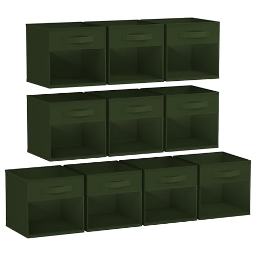 DIMJ Storage Cubes, Cube Storage Bin, 10 Pack Foldable Baskets with Window, Closet Storage Bins with Handle, 11x 11 inch Storage Cubes for Clothes, Toys, Books (Green)