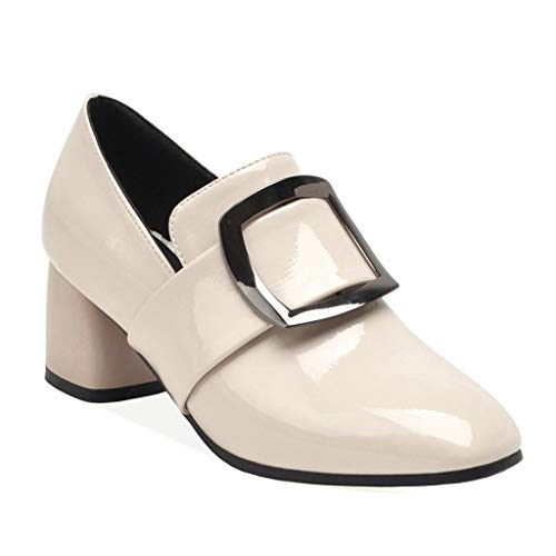 MIOKE Women's Fashion Pointed Toe Pumps T-Strap Buckle Chunky Block High Heel Mary Jane Oxford Dress Shoes