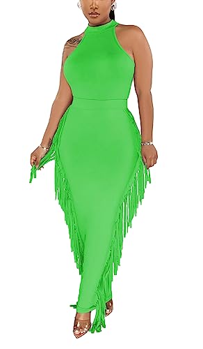 Image of YUEWOO 2 Piece Outfits for Women Sexy Crop Top Ruched Bodycon Maxi Dresses Fringe Skirt Sets Night Club Jumpsuits
