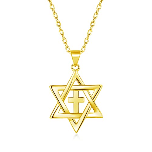 Jewish Messianic Necklace for Women and Men, Silver / 18K Gold Plated Small Star of David and Cross Pendant Jewelry, Chain Length 18