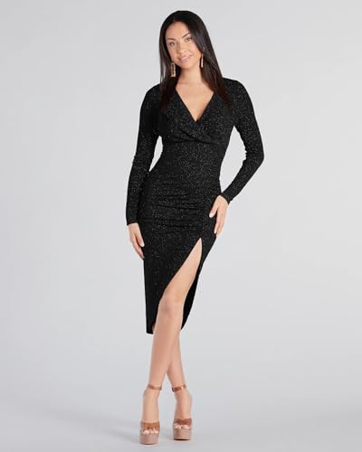 Image of ADDYVERO V-Neck Long Sleeve Lurex Gliter Solid Front Slit Front Ruched Seam Bodycon Above Knee Length Women Dress
