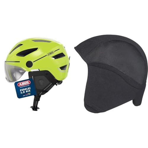 ABUS Stadthelm Pedelec 2.0 ACE - Fahrradhelm mit Rücklicht, Visier, Regenhaube, Ohrenschutz - für Damen und Herren - Gelb Glänzend, Größe L & Winter Kit Fahrradhelm, Schwarz (Black), L