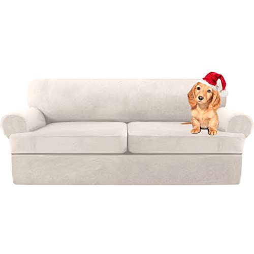 Sofa Cover,T Cushion Sofa Cover Velvet Non-Slip T Cushion 1/2/3 Seater Couch Cover with Individual T Cushion Seat Cover with Elastic Bands Furniture Slipcovers Protector (White,2 Seater-3Pieces)