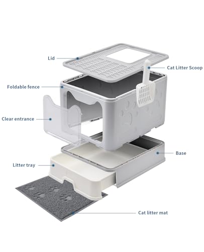 Image of Medario Cat Litter Box with Litter Mat and Scoop, Large Covered Litter Box with Lid, Enclosed Kitty Box, Front Entry Top Exit, Odor Control, Easy to Clean (Grey)