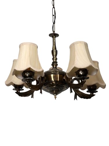 Image of Devansh 05-Light Conical Off-White Cotton Shade Chandelier - Antique Golden Finish | Adjustable Cord | Warm Glow Lamp - Ceiling Light for Living Room, Dining Area, Bedroom & Entryway Decor - D12