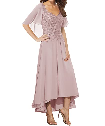 Mother Of The Bride Dresses Lace Wedding Guest Dresses For Women Chiffon Tea Length Mothers Dress Beading Sequins Dusty Rose #TOP5