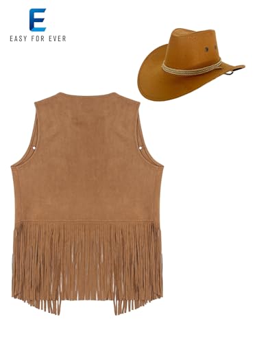 easyforever Womens Faux Suede Tassel Vest Rivets Fringe Waistcoat Jacket with Wide Brim Cowgirl Hat2
