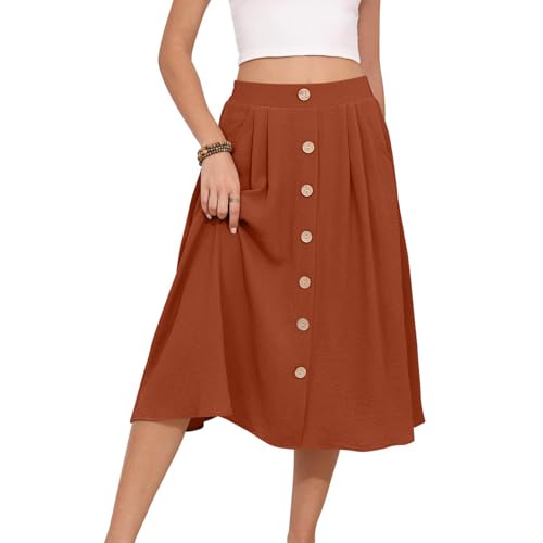HGps8w Women's 2025 Summer Pleated Midi Skirt, Trendy Casual Button Front Swing A-Line High Waisted Skirts with Pockets3