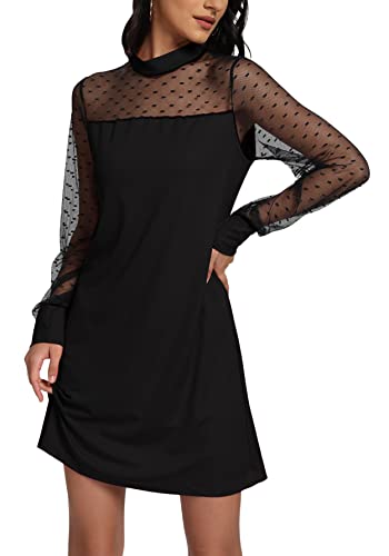 Lyaner Women's Polka Dots Mesh Long Sleeve Mock Neck Elegant Tunic Mini Dress Solid Black Medium #TOP4