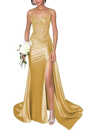 Satin Mermaid Prom Dresses Long Spaghetti Strap Lace Appliques Pleated Formal Party Dress with Slit