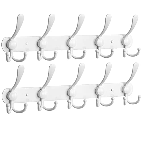 NearMoon Coat Rack Wall Mounted-2 Pack, Heavy Duty Bath Towel Hooks Stainless Steel Robe Hooks Holder, Metal Coat Hook for Towel Coat Hat Key Bathroom Bedroom Hotel Entryway (5 Hooks, White)