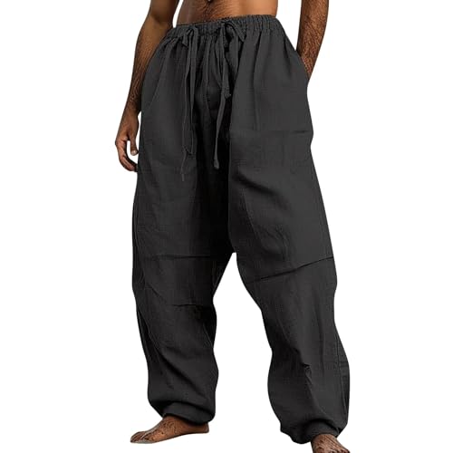 Linen Pants Men Lightweight Oversized Wide Leg Pants Summer Loose Fit Classic Drawstring Elastic Casual Pants Pockets