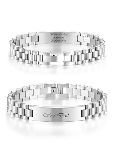 PiercingJak Cadeau Fête de Père, Bracelet Homme Personnalisé Gourmette Acier Large Bande – Prénom ID Gravé Personnalisable – Idée Cadeau Homme Papa...