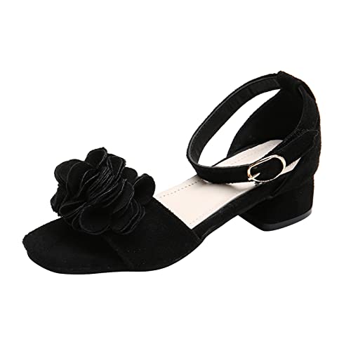Girls Sandals Low Heels Dress Pump Ankle Strap Open Toe Flower Girl Wedding Party Sandals for Toddler Little Kid (Black, 9-9.5 Years Big Kids)