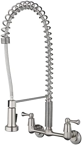 Tosca 255-K821-SS-T Upgraded Dual Handle Commercial Style Wall Mount Kitchen Faucet with Pull Down Nozzle, Stainless Steel