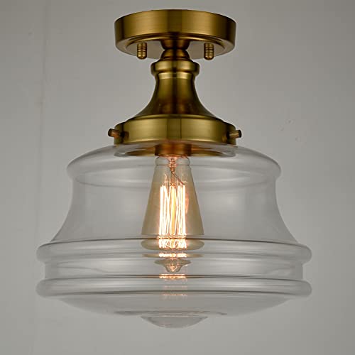 Jeenkae Modern Gold Semi Flush Mount Ceiling Light Brass Schoolhouse Glass Hallway Ceiling Lights, 11" W X 12.4" H #TOP5