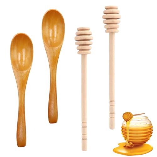 Lyivisk 4PCS Honigrührer Honiglöffel, 15cm Honigheber Honigspirale Dosierer von Honig und Sirup tropf, 12cm Honiglöffel aus Holz, Hohe Qualität Honiglöffel Holzlöffel(Khaki)