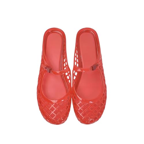 YEBOYOUZA Flat Jelly Sandals for Women Mesh Mules Rounded Toe Slides Comfortable Summer Beach Shoes(7.5 Red)