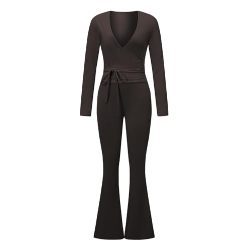 SANSIWU 2-teiliges Ballett-Outfit für Damen, 2 Stück, mit Schnürung am Saum, langärmelig, Ballett, Pilates, Yoga, Wickel-Shirts und Schlaghosen, Set für Workout, Ausgehen, coffee, M SANSIWU 2-teiliges Ballett-Outfit für Damen, 2 Stück, mit Schnürung am Saum, langärmelig, Ballett, Pilates, Yoga, Wickel-Shirts und Schlaghosen, Set für Workout, Ausgehen, coffee, M