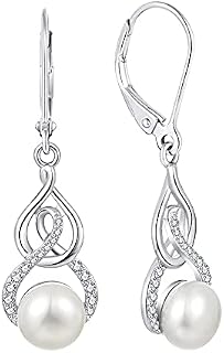 JO WISDOM Women Infinity Pearl Earrings,925 Sterling Silver Butterfly Leverback Dangle & Drop Earrings with 3A Cubic Zirconia