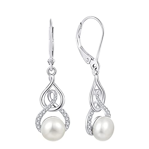 JO WISDOM Women Pearl Earrings 925 Sterling Silver Celtic Infinity Dangle & Drop Earrings with 8mm Freshwater Pearl Jewelry