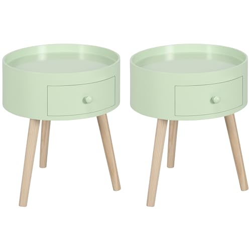 HOMCOM Lot de 2 Tables Basses - Table de Chevet - Table de Nuit Ronde - Design scandinave Table d'appoint Bout de canapé avec tiroir Pieds effilés inclinés...