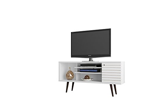 Manhattan Comfort Liberty Collection Mid Century Modern TV Stand With One Cabinet and Two Open Shelves With Splayed Legs, White Wood