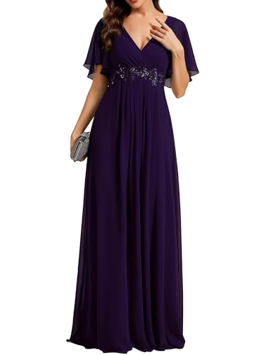 Image of Ever-Pretty Women's Spring Short Sleeve Bridesmaid Dresses V-Neck Chiffon Ruched Empire Waist Appliques Long Formal Dress