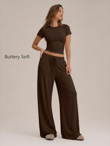 Image of Trendy Queen 2 Piece Matching Summer Lounge Set Womens Side Ruching Top Wide Leg Pants Sets with Pockets
