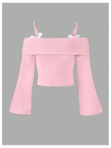 WDIRARA Girl's Cold Shoulder Bow Top Long Bell Sleeve Tee Shirt Cute T-Shirt2