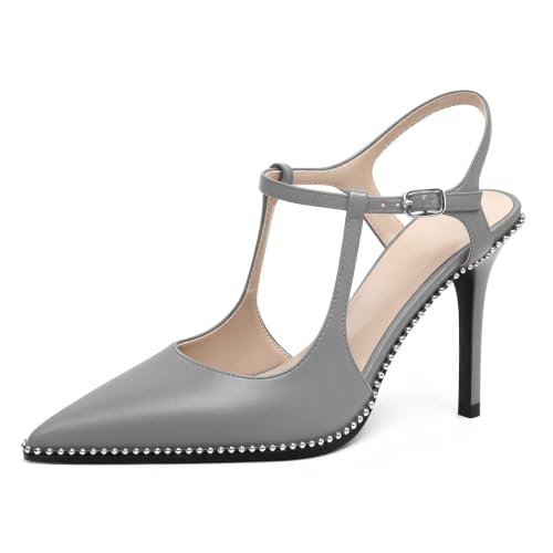 Image of SAMMITOP Womens High Heels Ankle Strap Pointed Toe Stilettos Patent Leather Beaded Pumps Dress Shoes 3.5 Inch
