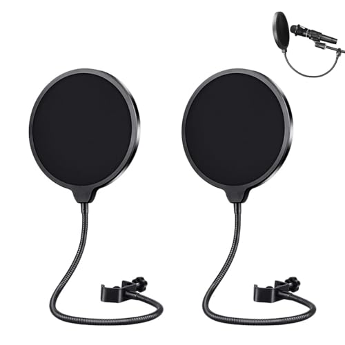 2 Piezas Micrófono Pop Filter, Filtro Anti Pop para Microfono Profesional de Doble Capas, Protector Antipop Retráctil con Brazo Ajustable de Cuello de Cisne de 34cm,Micrófonos de Estudio y Grabación