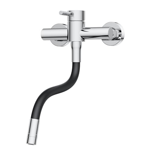 HURRAN Robinet Mural, Robinet Cuisine Pivotant à 360° Avec Tuyau en Silicone, Mitigeur Cuisine Monocommande en Acier Inoxydable, Nickel Brossé