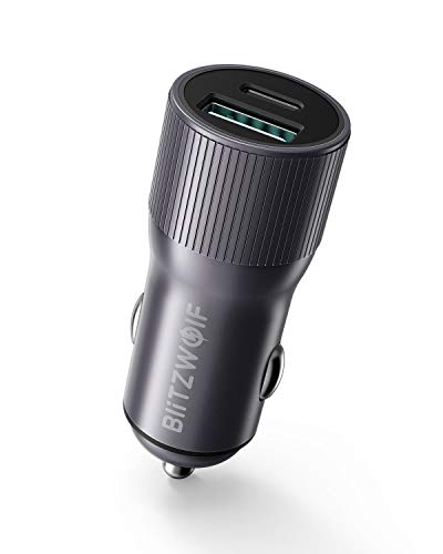 BlitzWolf Cargador de Coche, Mini USB C Cargador Coche con 36W QC3.0 PD2.0 Tipo C + USB Puerto para iPhone XS Max/XS/XR/X/8/8 Plus/7, Samsung S10/S9/S9+/S8, MacBook Pro/Air 2018, iPad Pro 2018(Gris)