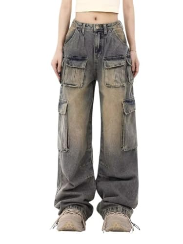 POHADON Cargo Jeans for Women Straight Wide Leg Baggy Denim Pants Flap Pocket Relaxed Fit Streetwear Y2K Grunge Clothes