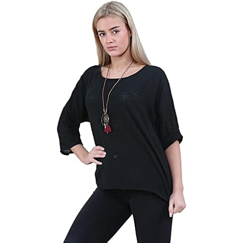 Sam Caan® Ladies Italian Top Lagenlook Batwing Cotton Women Blouse Round Neck Loose Fit Plain Shirt with Necklace Black Cover
