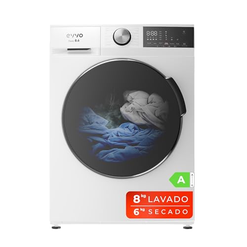 EVVO Lavadora secadora 8 kg + 6 kg, Vapor, Motor Inverter, Lavado y Secado en 1 Hora, Tambor ePROTECT, Smart LOAD, 1400 rpm, Clase energética A, Carga Frontal, Nova (8/6kg, Blanco)