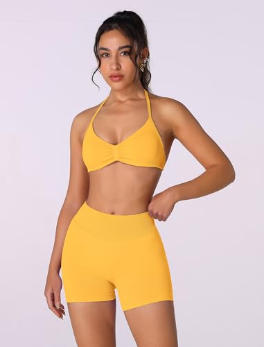 Image of ABOCIW Womens Seamless Workout Sets 2 Piece Strappy Halter Sports Bra Scrunch Butt Shorts Gym Yoga Outfits