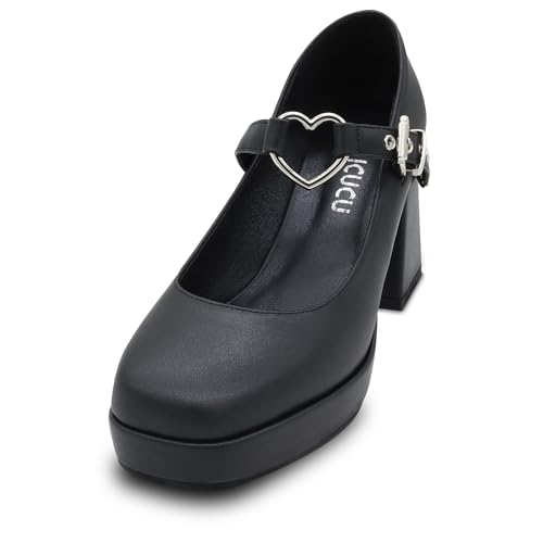 Women's Platform Square Toe Heart Buckle Strap Mary Janes Goth Heels Shoes