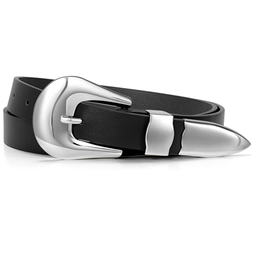 LEACOOLKEY Women Leather Belt Ladies Faux Leather Belt for Jeans Dress Fashion Silver Gold Buckle Waist Belt 51