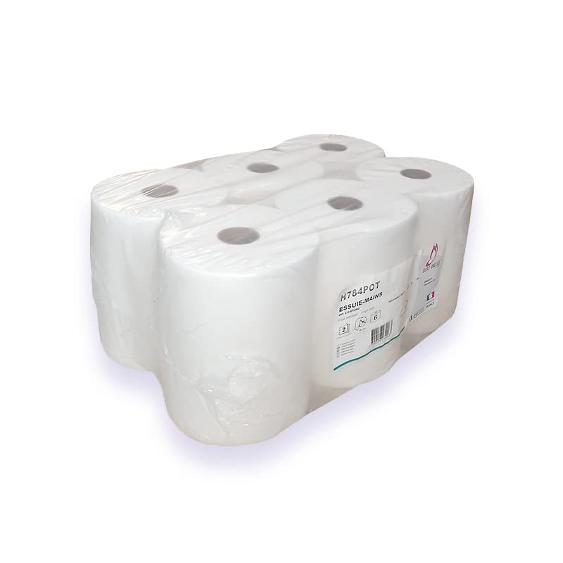 Essuie-mains pure ouate gaufré blanc 2x20g/m² - Pack de 6 rouleaux - 2 plis - 90m en continu - Largeur 20cm - Certifié France Medical Industrie