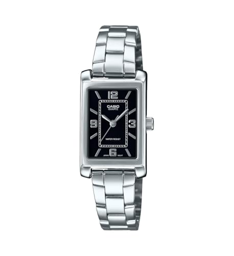 Casio LTP-1234DD-1A Relógio feminino retangular padrão clássico de aço inoxidável com mostrador preto, Preto