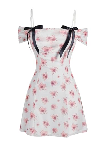 Image of Verdusa Women's Fairycore Floral Print Off The Shoulder Mesh Mini Dress Bow Backless Holiday Cami Dress